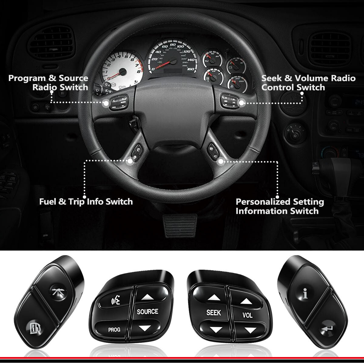Set 4 Steering Wheel Control Switch Buttons for Chevy Silverado for GMC for Sierra 03-07