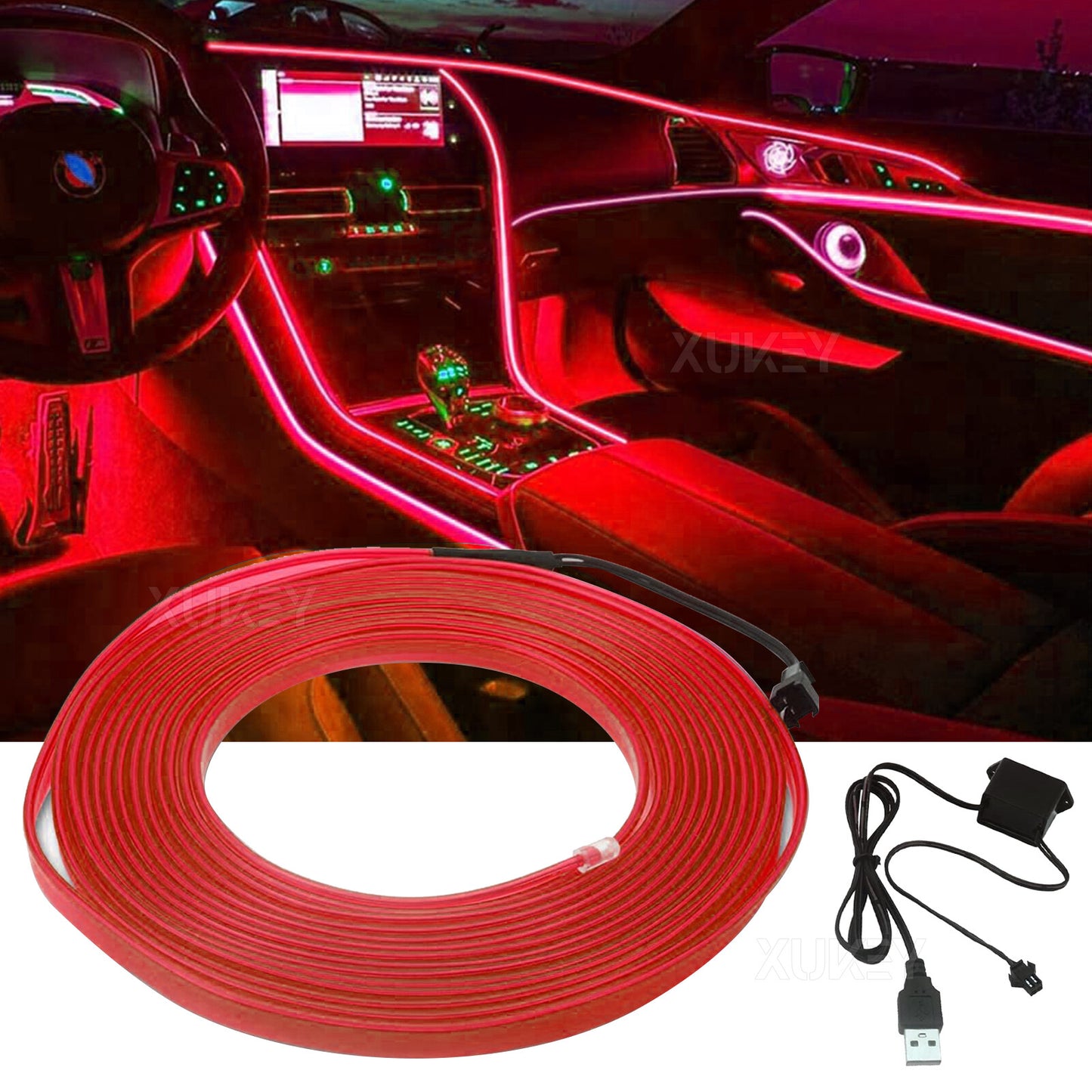 Red LED Strip Car Interior Center Console Ambient Lighting Lighting Bar 5M