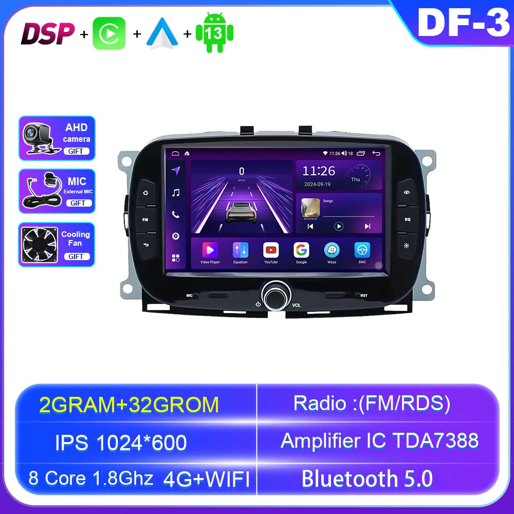 for FIAT 500 2016-2019 Andriod CarPlay Car Radio GPS Stereo Video Player Screen