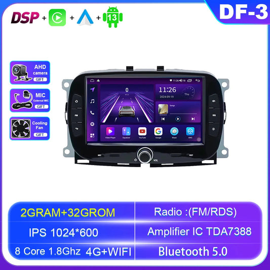for FIAT 500 2016-2019 Andriod CarPlay Car Radio GPS Stereo Video Player Screen