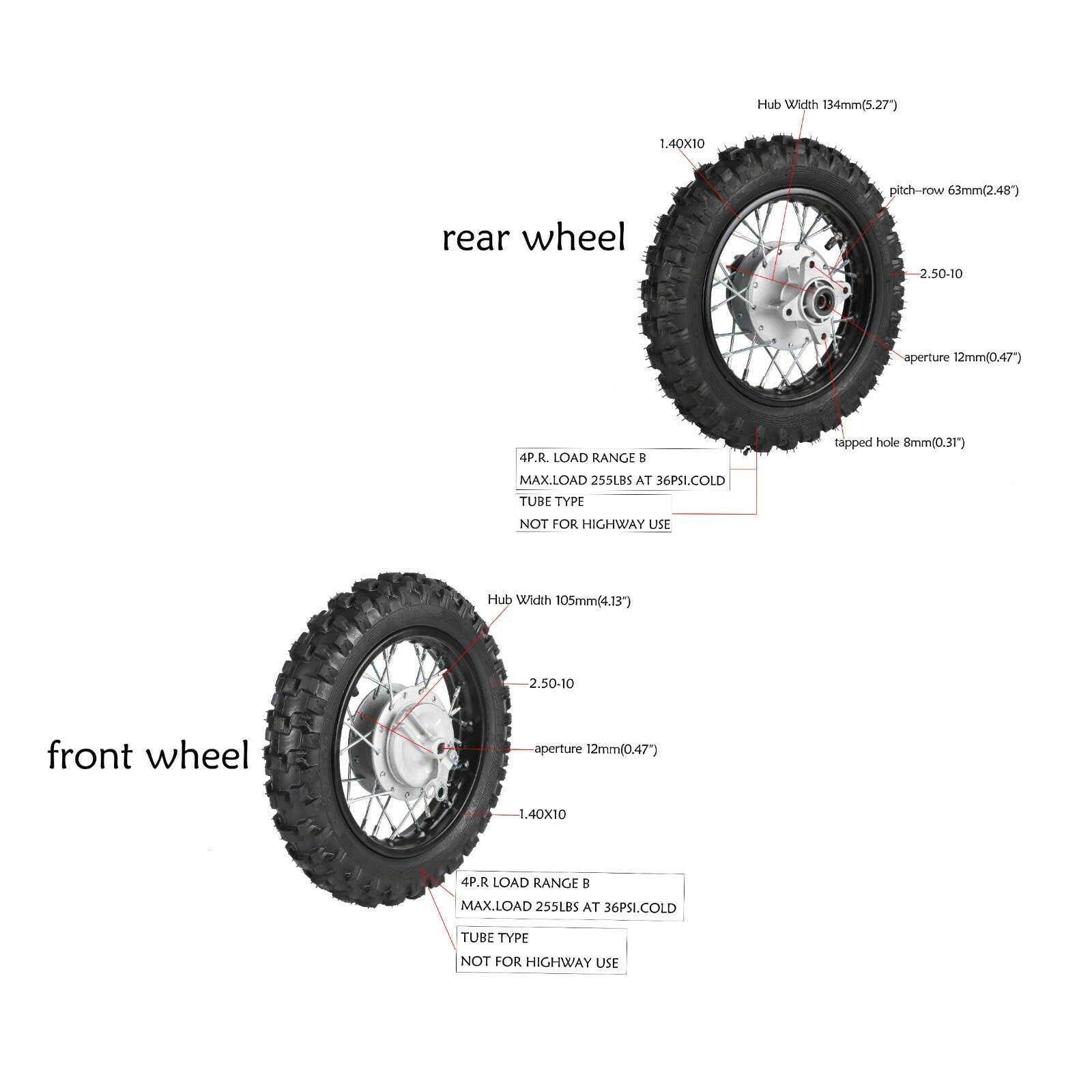 2.50-10 Front and rear tire rims 1.4x10 for Honda CRF50 XR50 Pit bicycle SSR 70cc