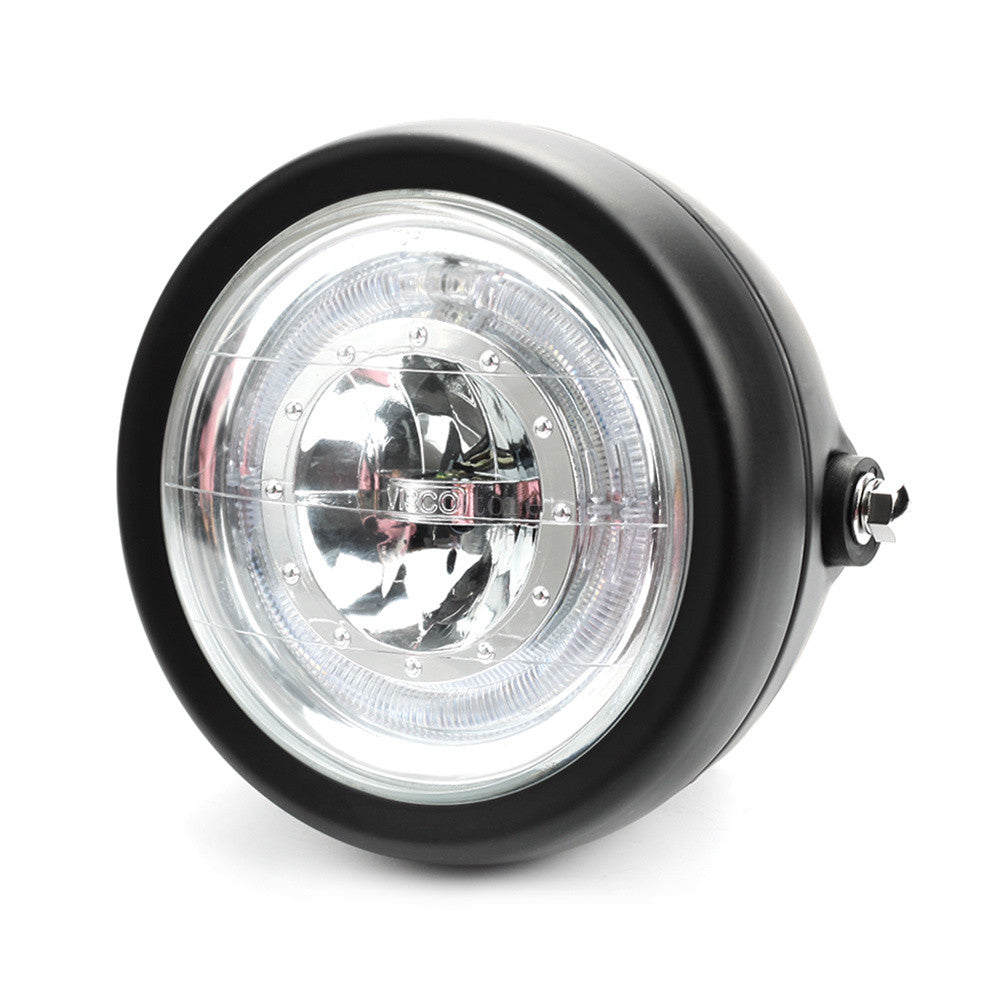 Motorcycle LED 6.5-inch DRL headlight with blue HALO ring for Harley Bobber Angel Eyes