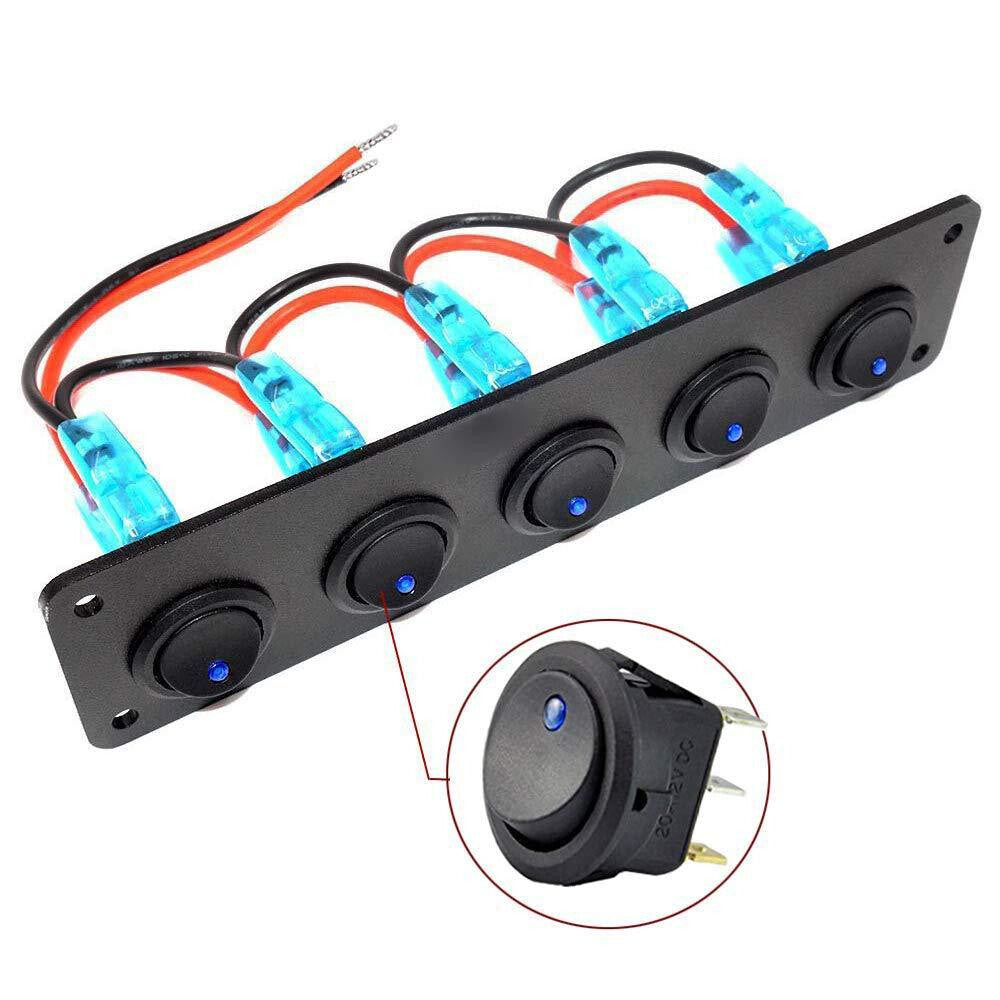 5 Gang Toggle Rocker Switch Panel For Car Boat Marine RV Truck Blue LED 12V ABS