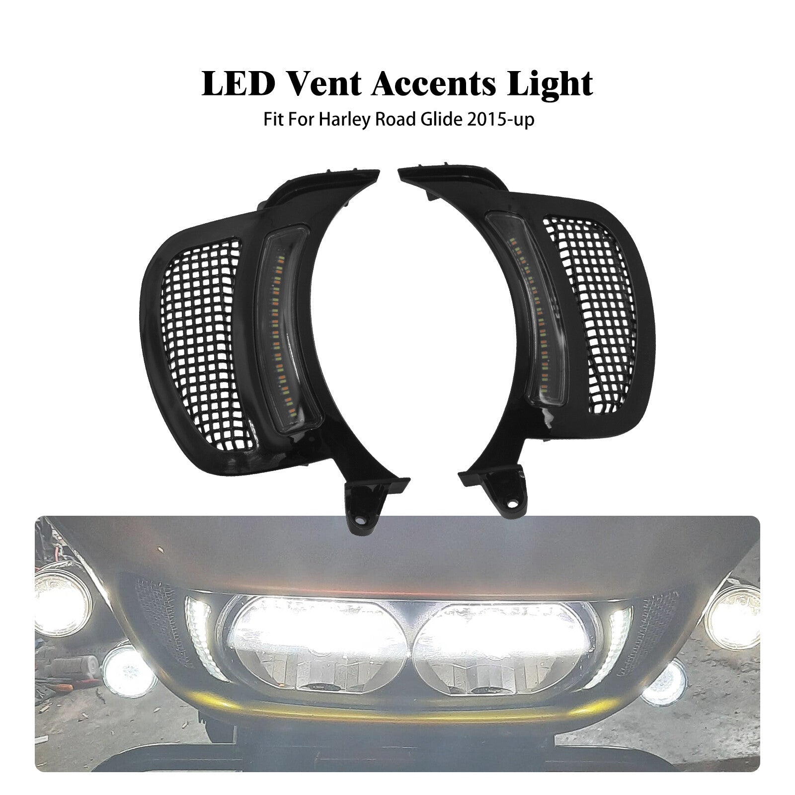 Headlight Vent Accent w/ Black Grille LED Light Fit for Harley Road Glide 15-23