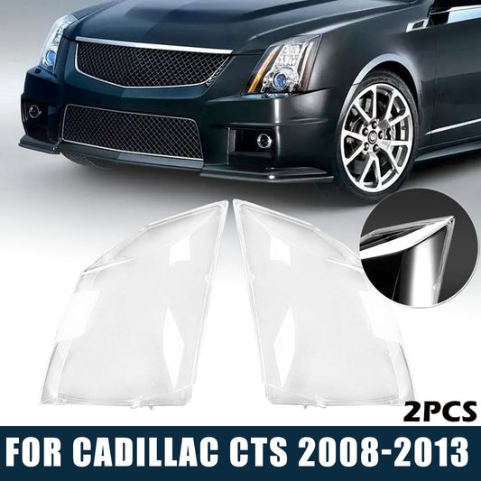 Two-piece headlight lens housing protective covers for Cadillac CTS 2008-13 with transparent lens covers.