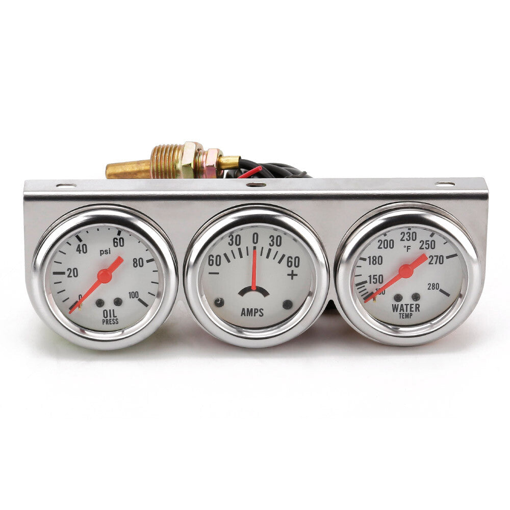 Universal 2 52mm Chrome Volt Water Oil Pressure Triple 3 Gauge Set Gauges Kit