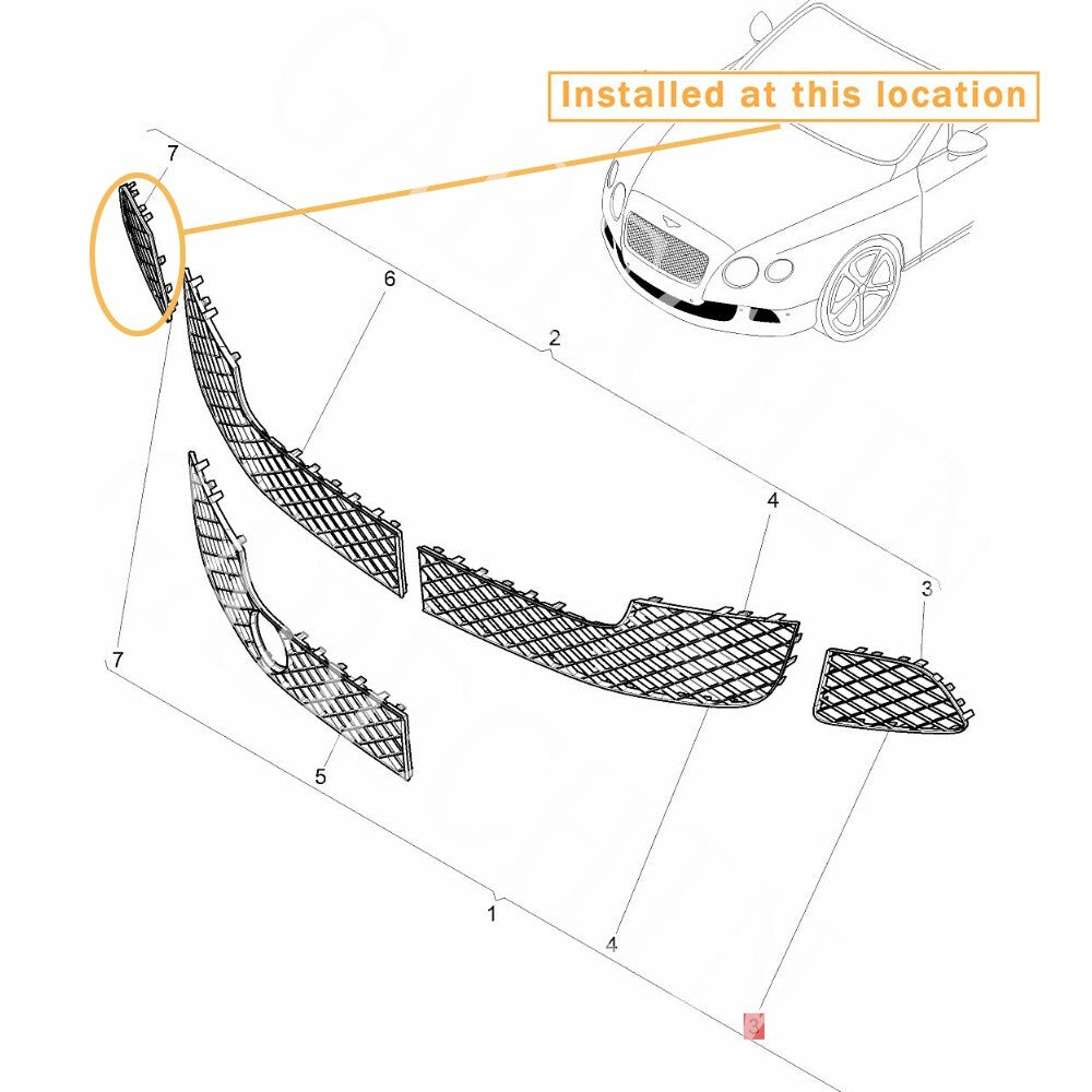 Suitable for Bentley GT GTC lower right grille panel insert. Equipment Manufacturer: 3W3807684