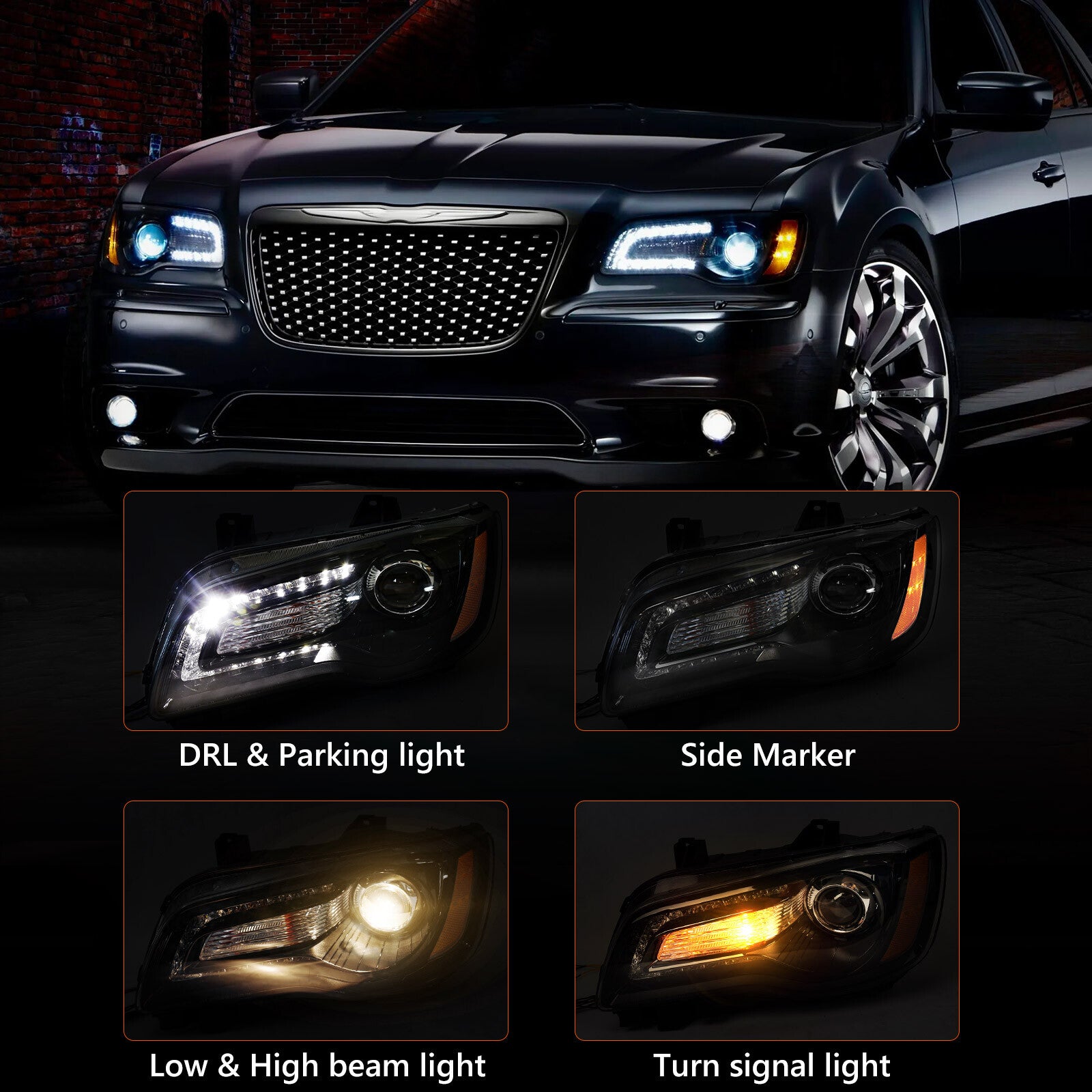 Healamp LH headlight with bulb for 2011-14 for Chrysler 300 black halogen LED DRL, right-hand grip.