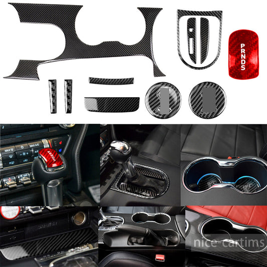 11¡ÁCarbon Fiber Interior Gear Shift Cup Holder Set Trim for Ford for Mustang 2015-23