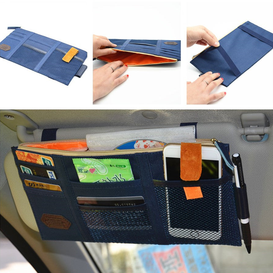 Blue Car Sun Shield Board Organizer Bag Storage Holder CD Case Tissue Box