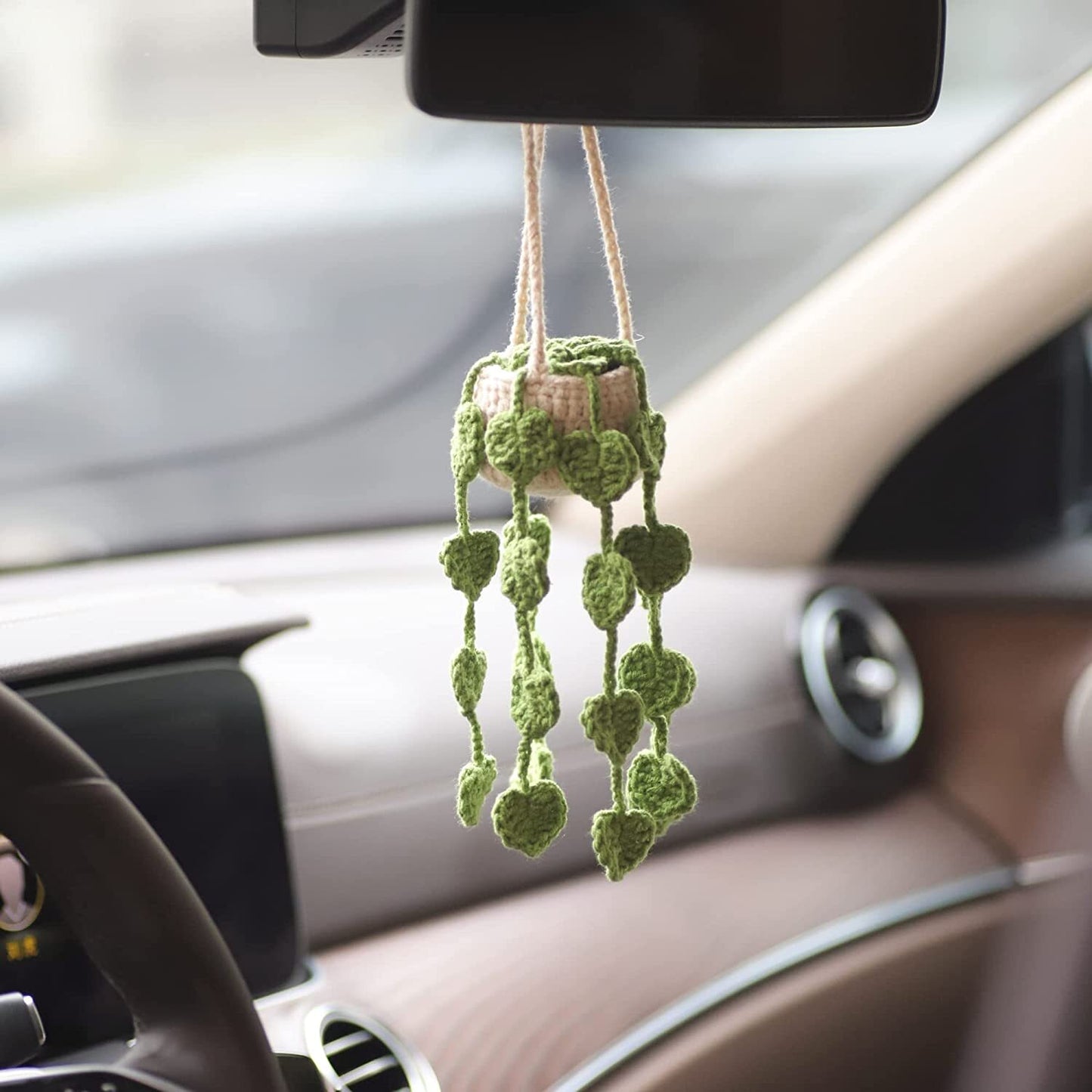 1Car Plant Crochet Hanging Basket Cute Rearview Mirror Hanging Ornament Decor
