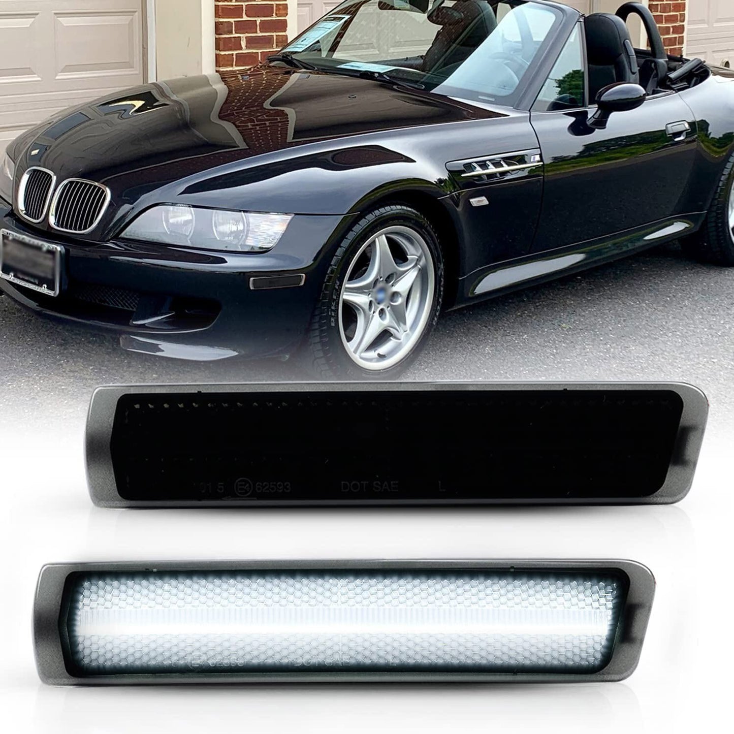 Two white LED front bumper side marker lights are for the 1996-02 for BMW Z3 M Coupe Roadster.