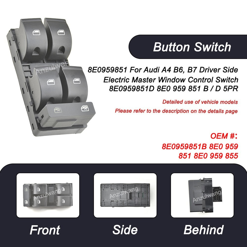 8E0959851 for Audi A4 B6 B7 Driver Side Electric Master Window Control Switch 8E
