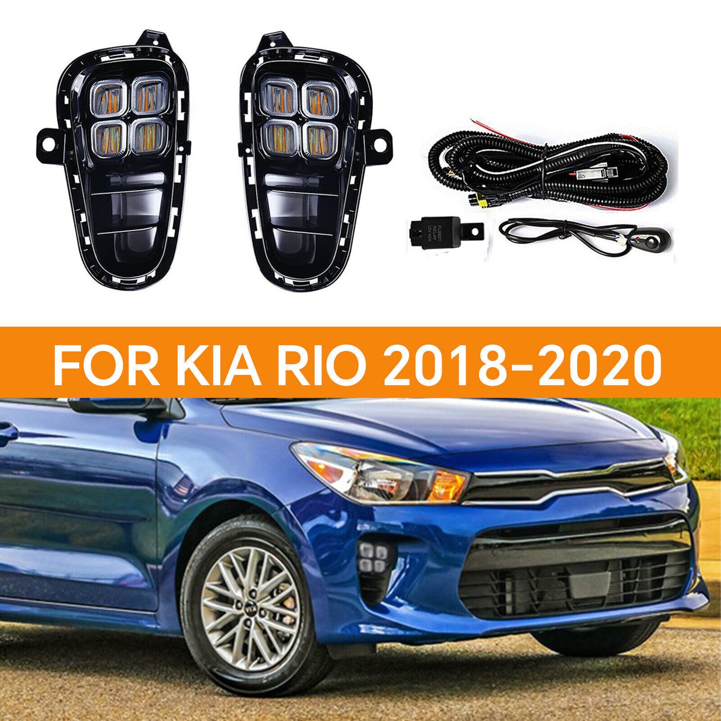LED DRL Daytime Running Light Front Fog Lamps w/ Turn for KIA Rio 2018-2020