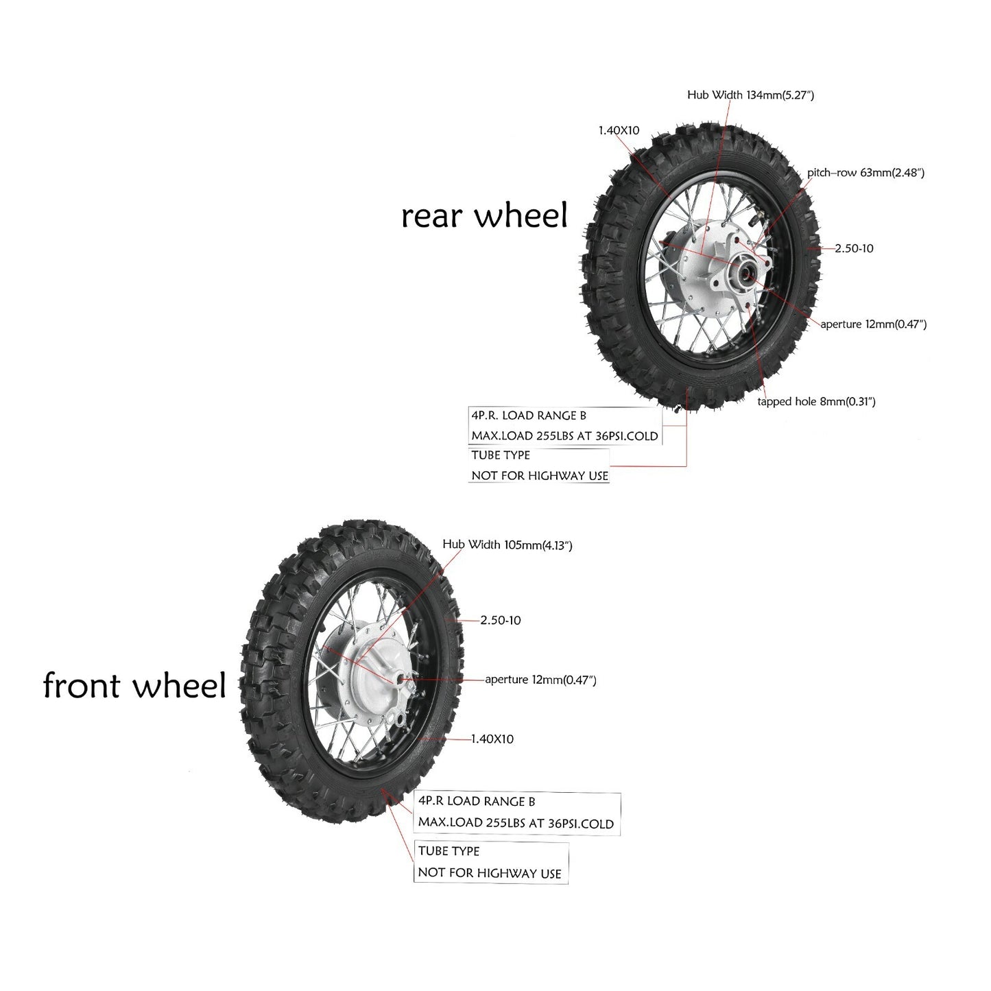 10-inch front and rear wheels, 2.50-10 tires, rims with sprockets, dirt pit bicycle CRF50 TTR50 XR50