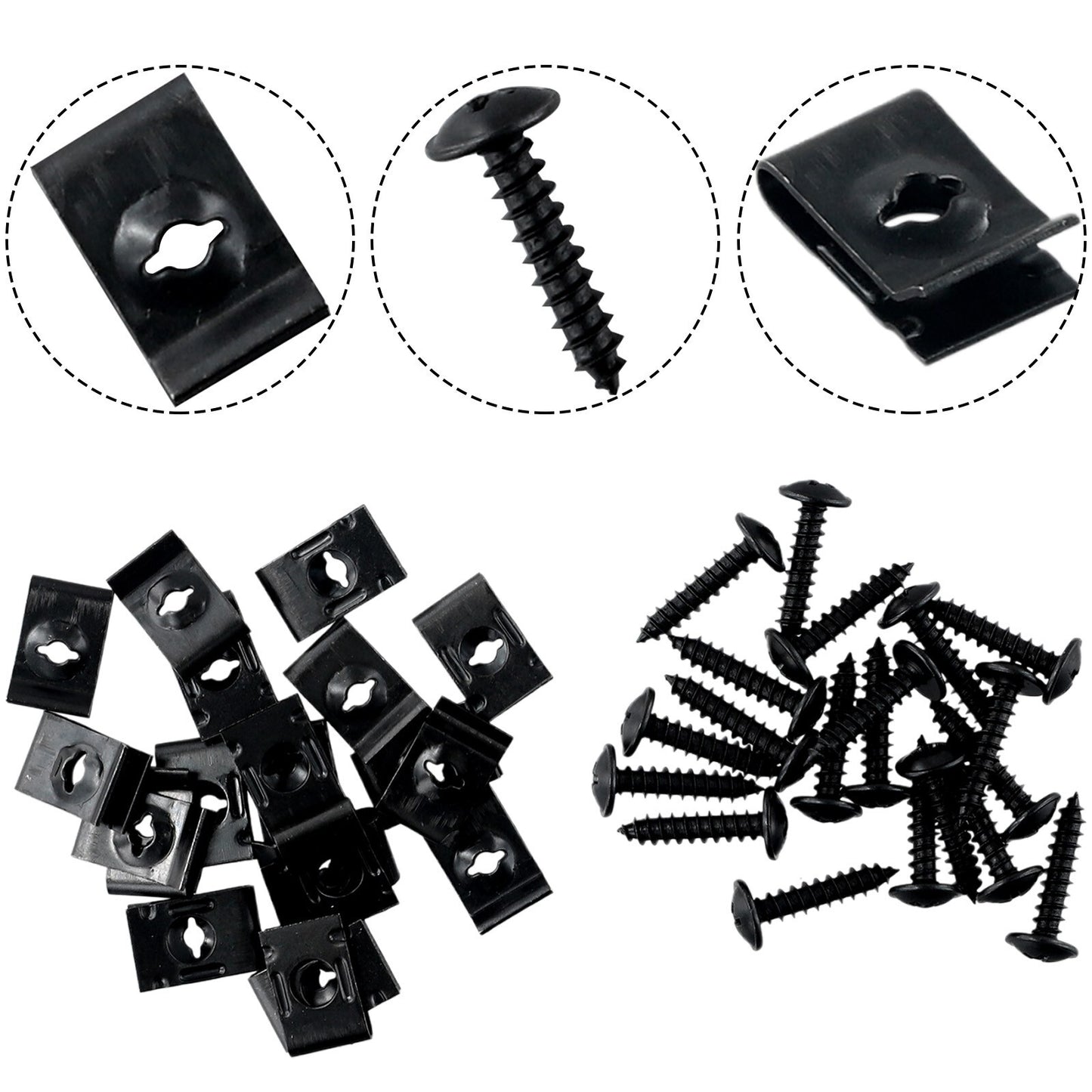 20-piece set of metal body bolts and clips for car bumpers, fender trim panels, and fasteners, black, UK.