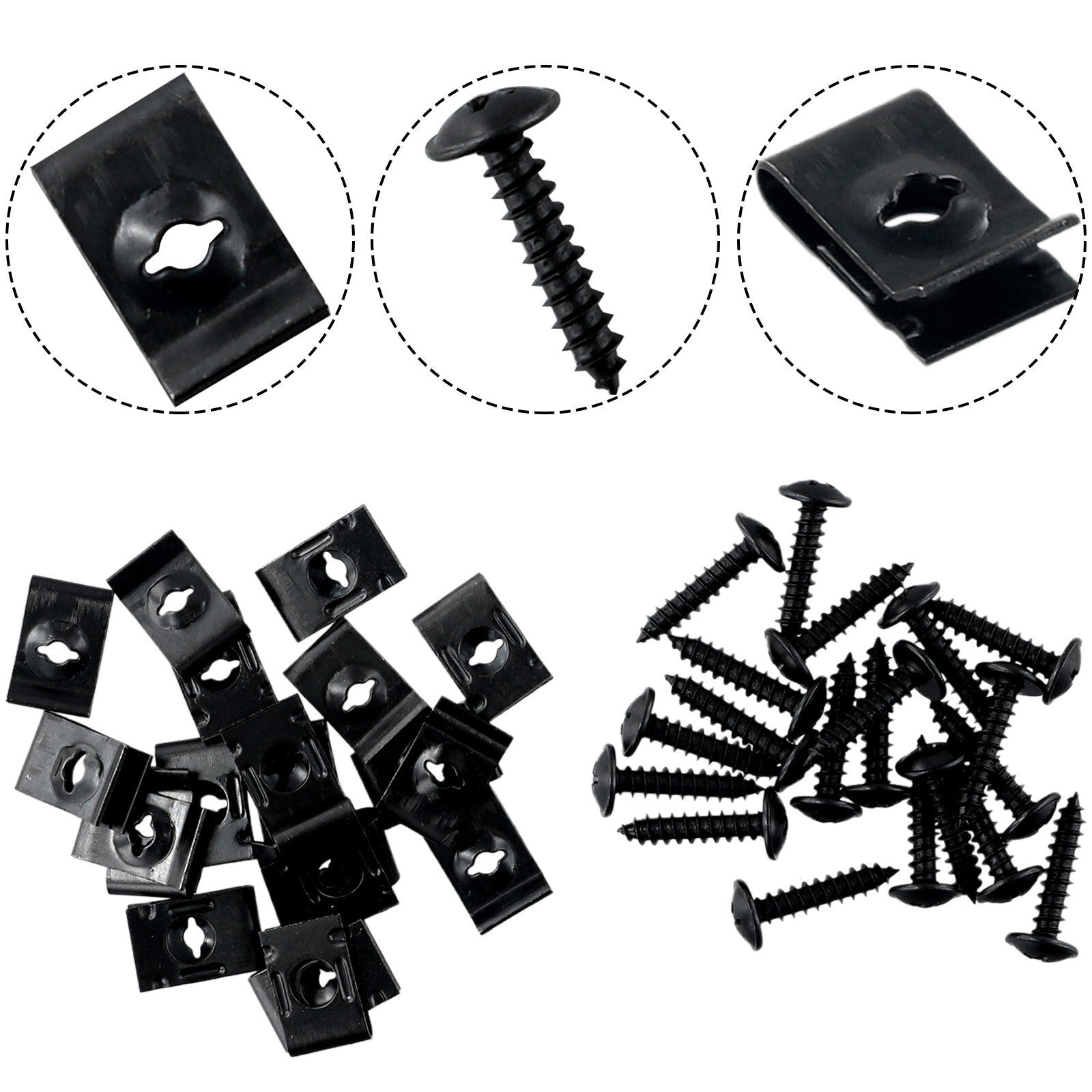 20-piece set of metal body bolts and clips for car bumpers, fender trim panels, and fasteners, black, UK.