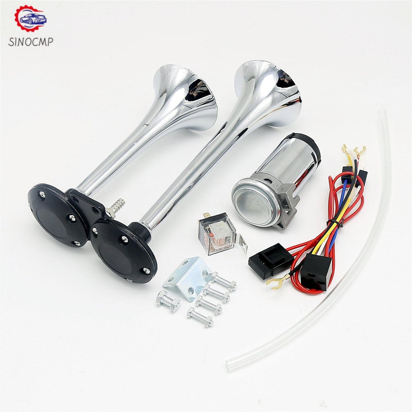 Truck Chrome Loud Dual Trumpet Air Horn with Compressor Relay Hose 12V 135DB