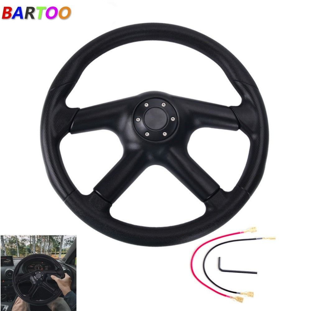 14¡° Universal 4 Spokes PU Leather Flat Dish Racing Steering Wheel w/Horn Button