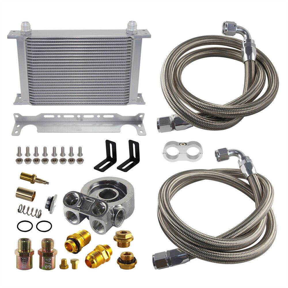Universal 25 Row Oil Cooler+AN10 Oil Adapter w/Thermostat +Braided Hose Line Kit