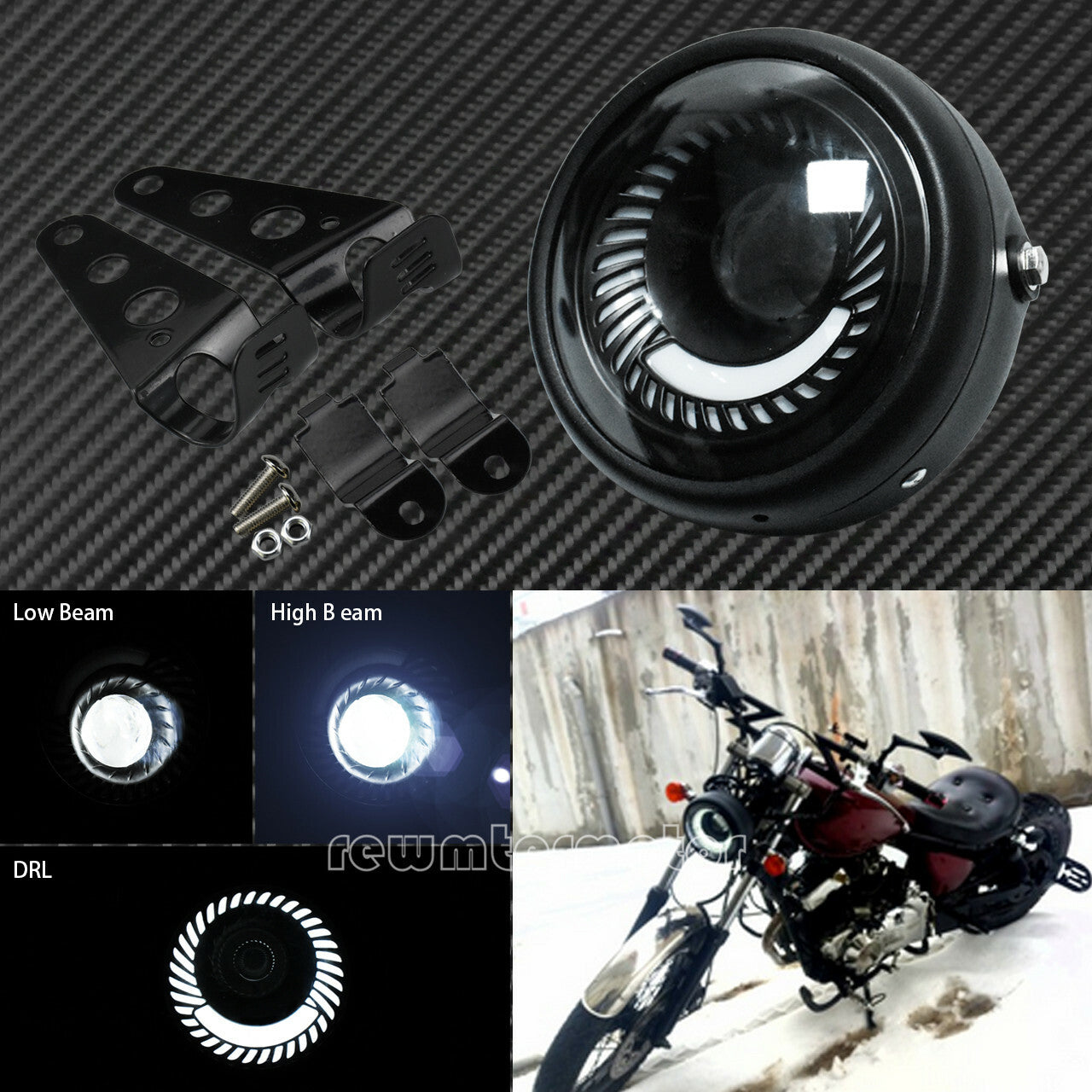6.5 Universal Motorcycle LED Headlight Low High Beam Spiral DRL w/ Mount Kit