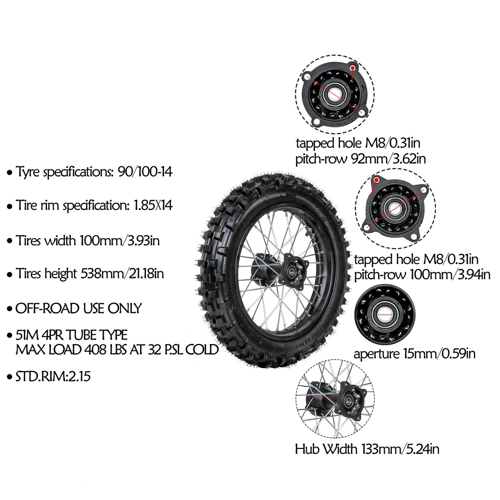 14 rear 90/100-14 rims suitable for Pit Dirt bicycles YZ80 CR80 SSR125 KX85 CR85