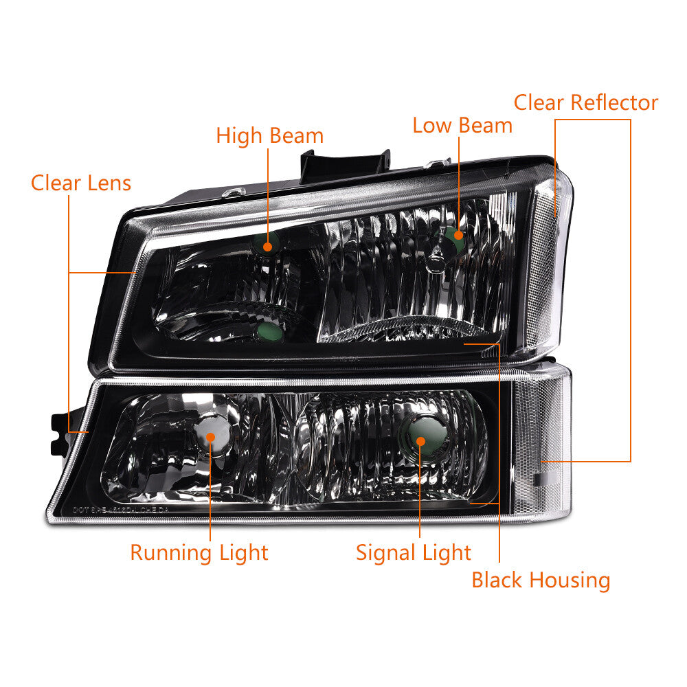 Black/clear headlights + taillights suitable for 2003-2006 for Chevrolet Silverado 1500 2500