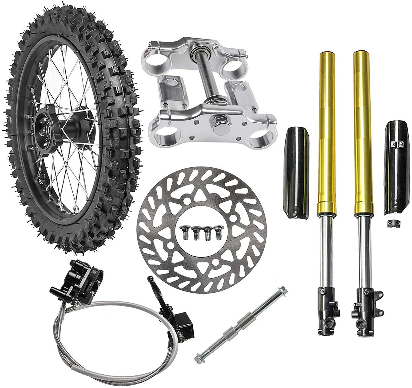 Triple fork, 17-inch wheels, 70/100-17 disc brake kit, Dirt Pit bicycle, 125cc/150cc.