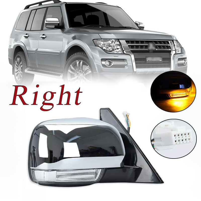 The right-side door mirror with light chrome trim is suitable for Mitsubishi Pajero Montero 2006 - 2021.