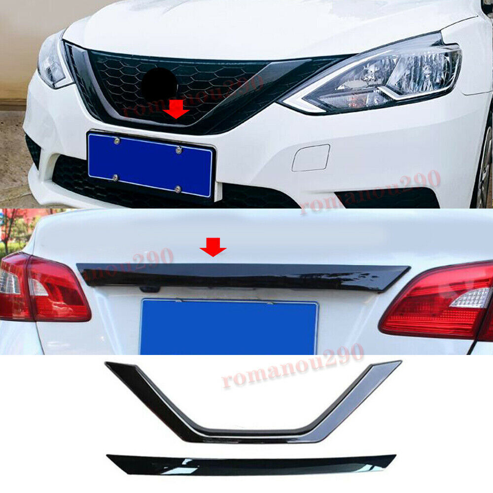 2X for Nissan Sentra 2016-2019 ABS Glossy Black Front Grille Rear Door Lid Trim