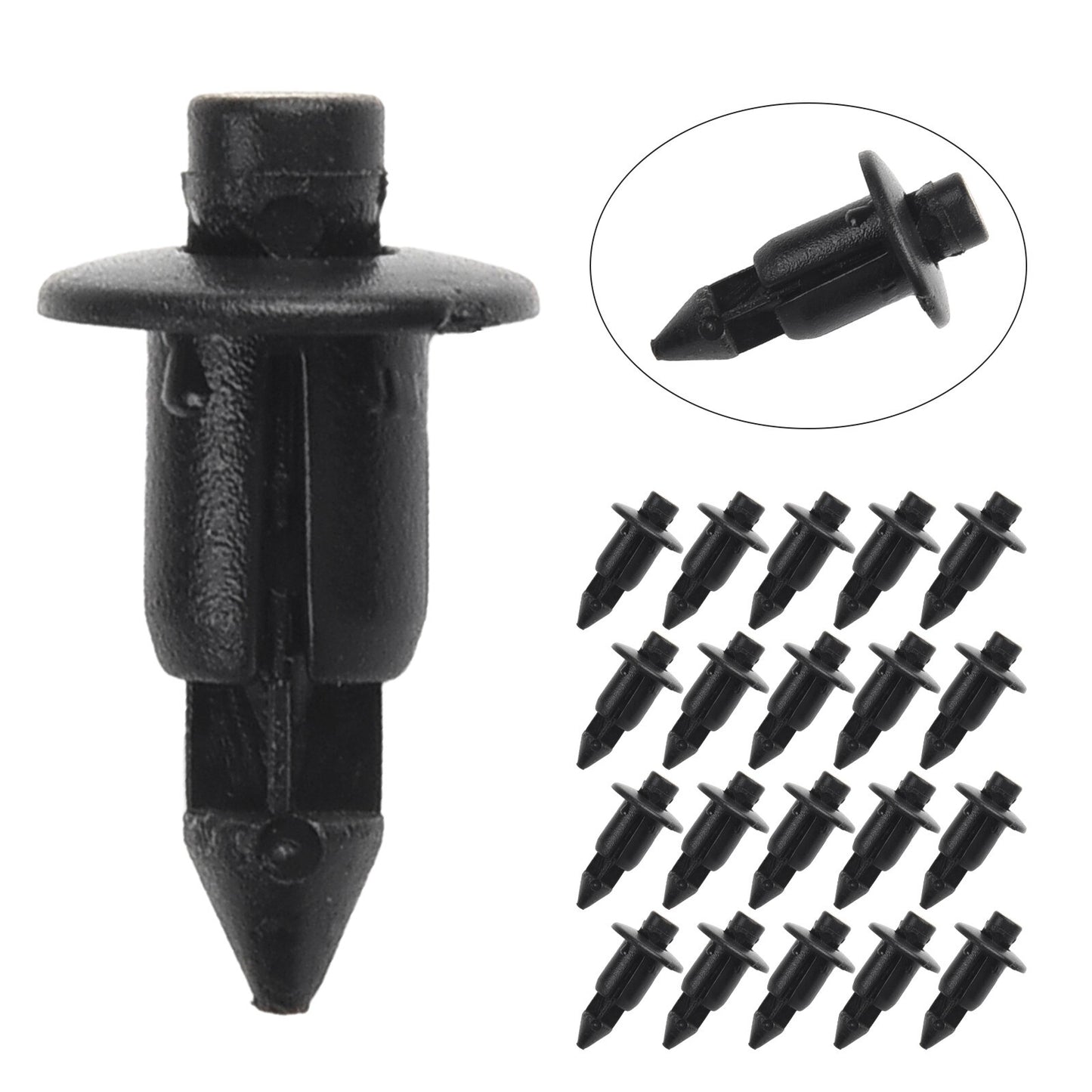 20-piece set of 6mm plastic rivet fastener clips for car black panel fasteners and bicycle axle trim clips.