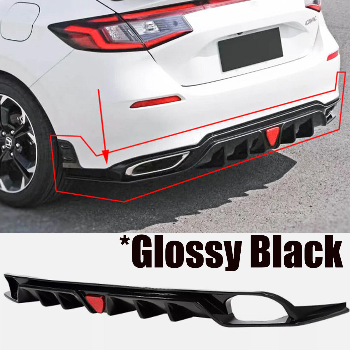 GLOSS BLACK REAR DIFFUSER W/ LED LIGHT FOR 2022-2024 for HONDA for CIVIC MC STYLE FE180