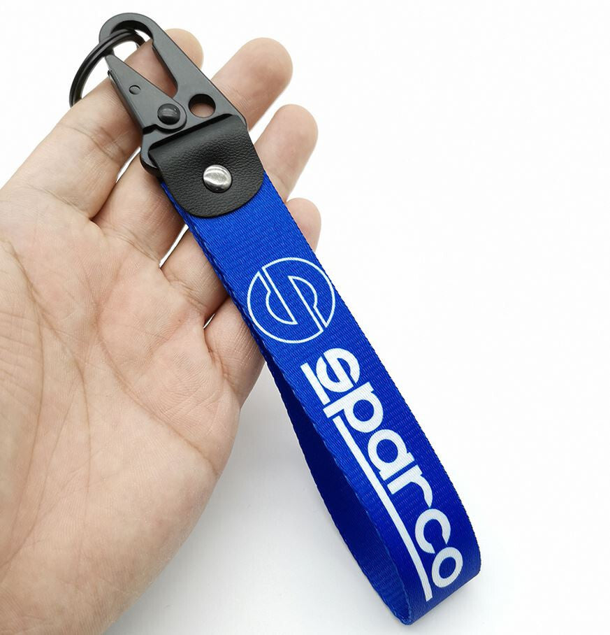 Car keychain/key ring with lanyard, car accessories, Sparco, blue, for Mitsubishi .