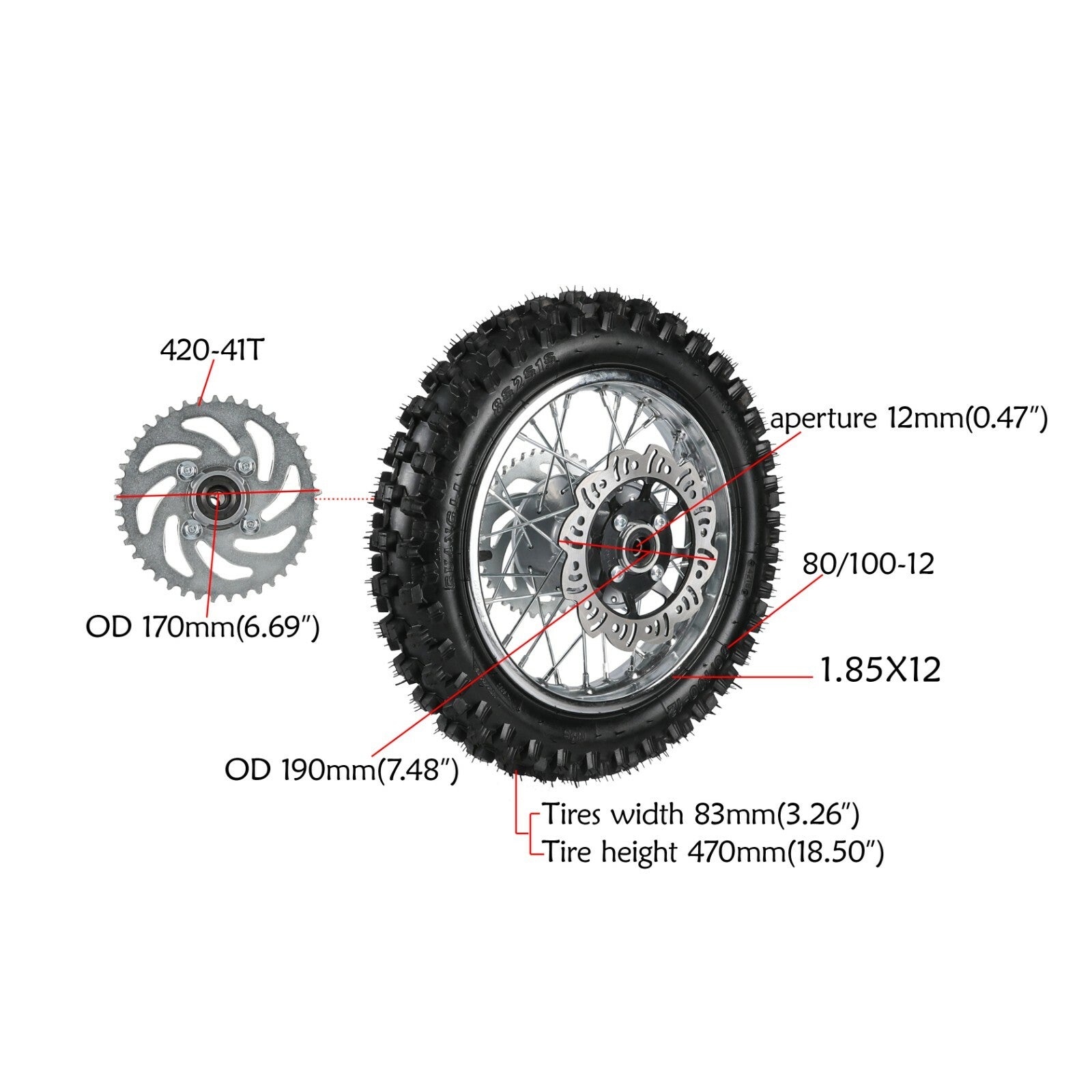 12-inch rear wheel, 80/100-12 tire, rim assembly, suitable for 50cc, 110cc, 125cc, and 70cc pit bikes.