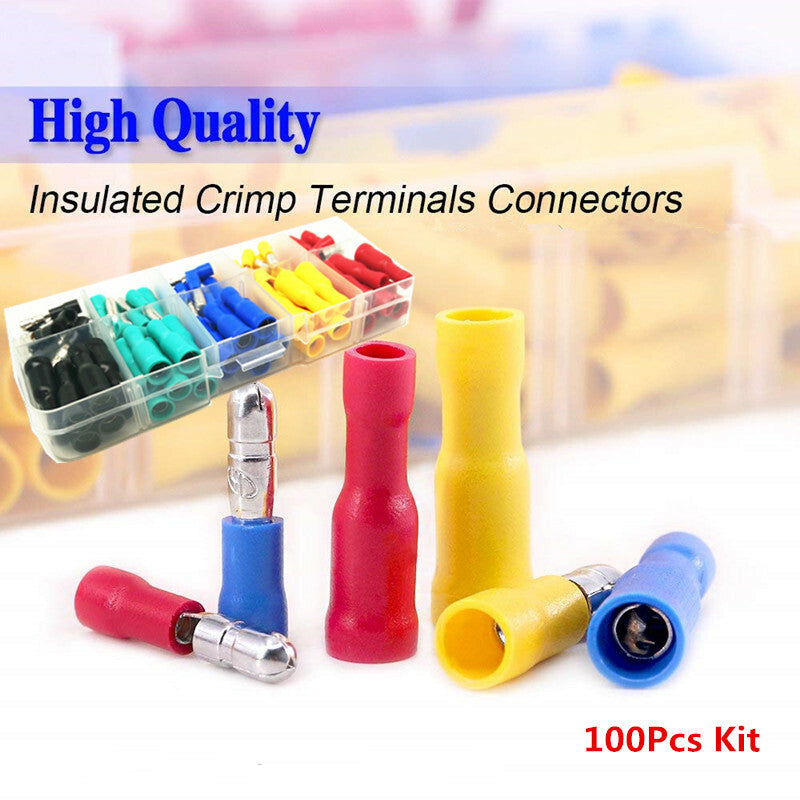 100Pcs Car Wire Butt Connectors Terminals Female Male Fully Insulated Crimp Kit