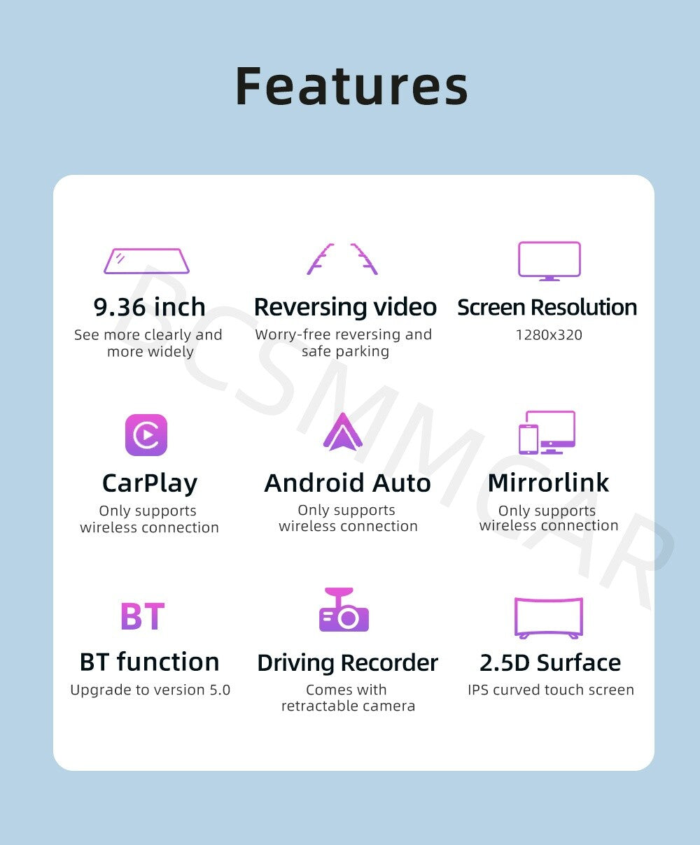 Car Mirror Dash Cam Recorder Rear View Reverse Parking System For Apple CarPlay