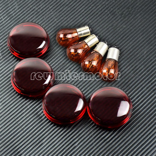 4x Turn Signals Light Red Lens Cover +Bulb Fit for Harley Dyna Softail Sportster