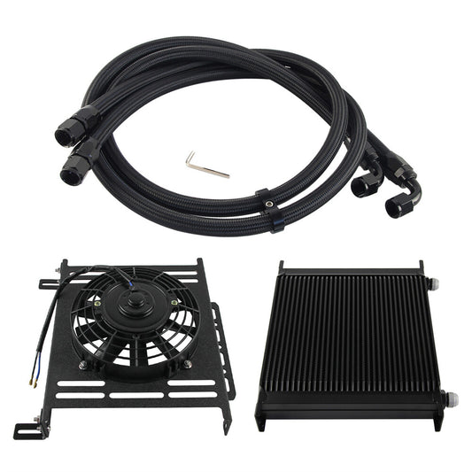 AN10 40 Row Universal Oil Cooler w/Nylon Braided Oil Line +7 Electric Fan Black