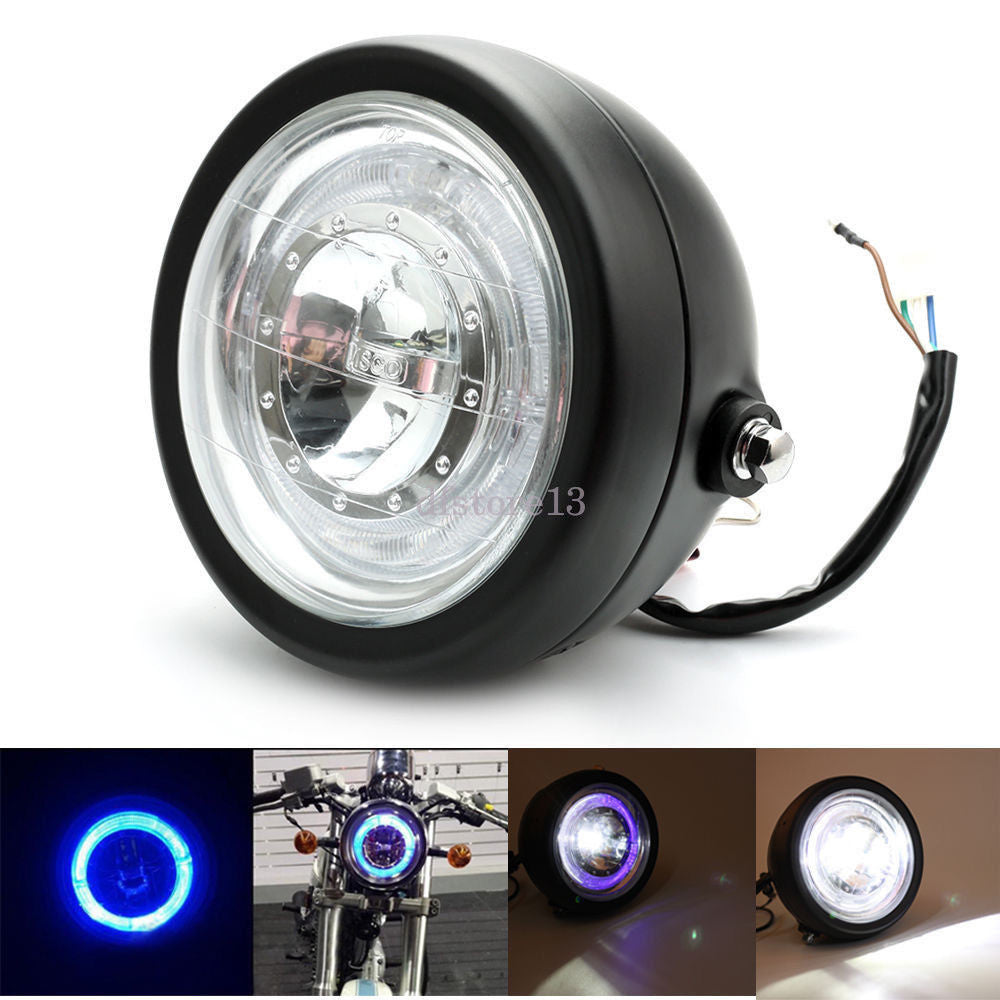 Motorcycle LED 6.5-inch DRL headlight with blue HALO ring for Harley Bobber Angel Eyes