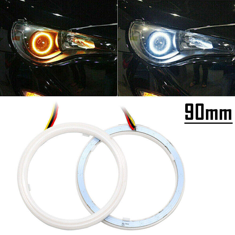 90MM White Amber Switchback LED Angel Eyes Halo Rings Car Headlight Retrofit