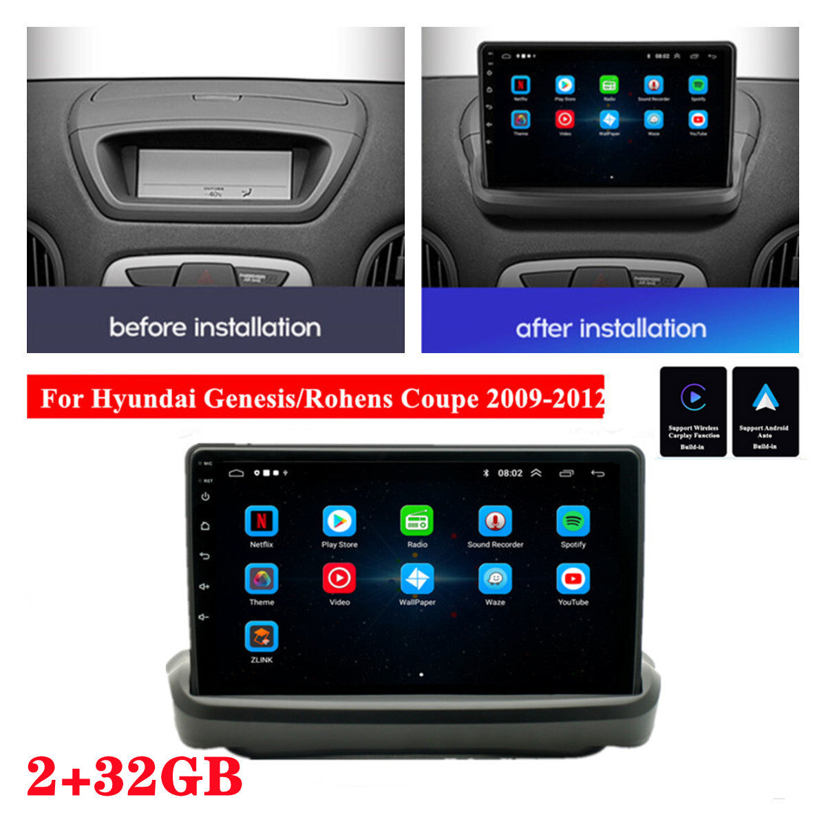 9 For 2009-12 for Hyundai for Genesis Coupe Carplay 2+32GB Radio Stereo GPS Nav Wifi FM