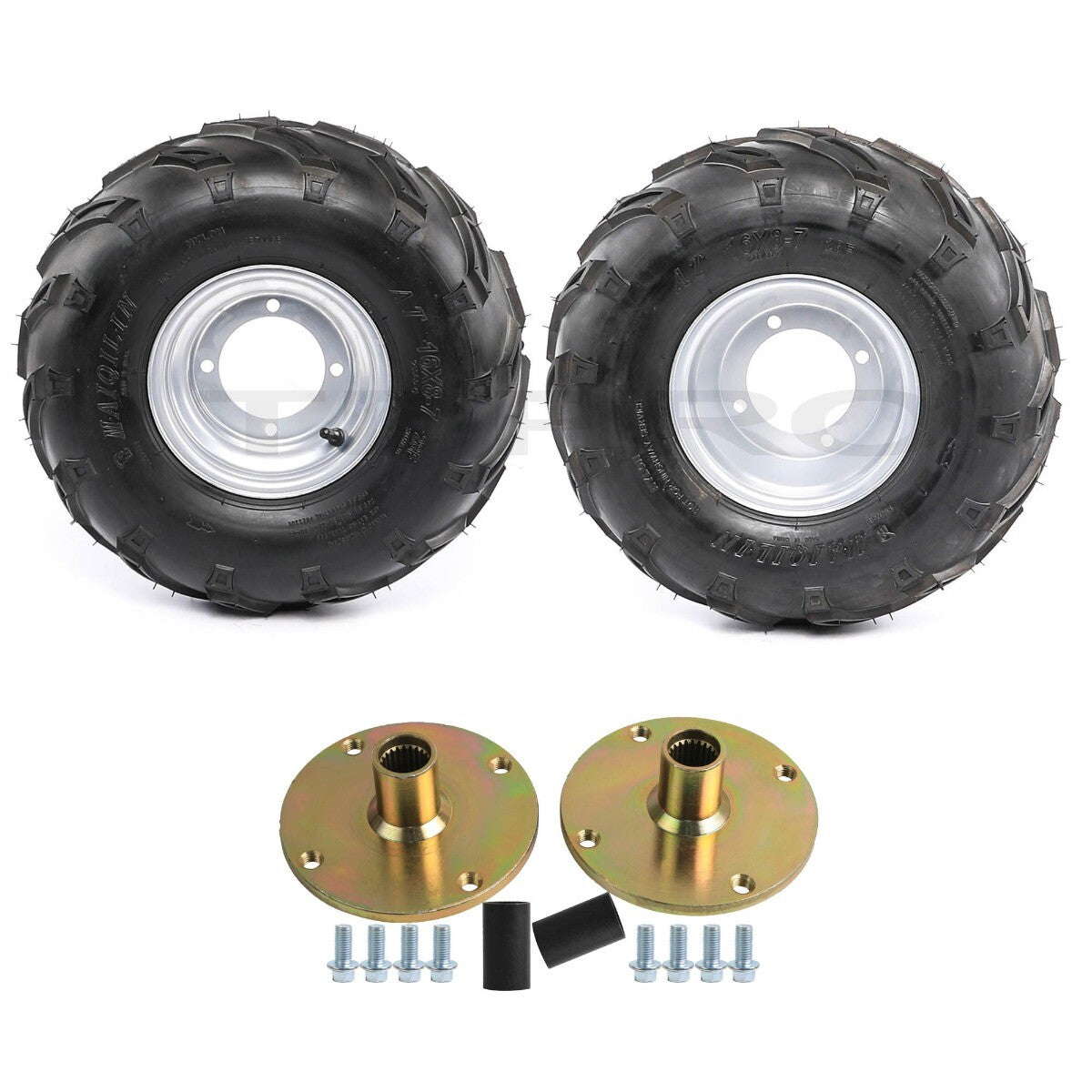 2-pack of 16x8-7 tires, 7-inch wheels, 4-stud rims + hubs, suitable for go-karts, four-wheel all-terrain vehicles, 70cc, 110cc, 125cc.