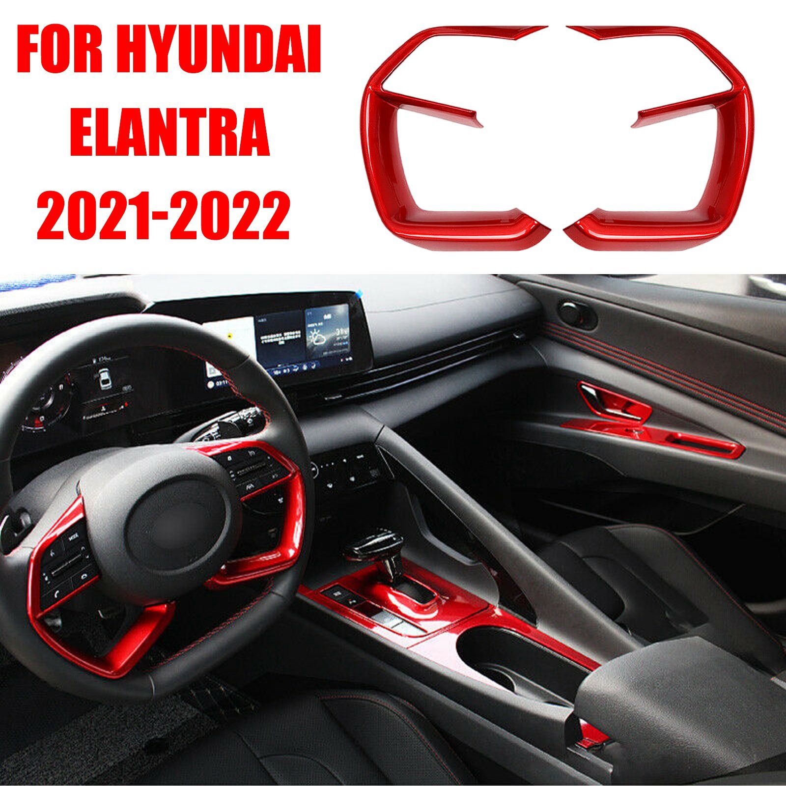 2-Piece Set Fits for Hyundai for Elantra 2021-2022 Gloss Red Steering Wheel Switch Cover Trim AT