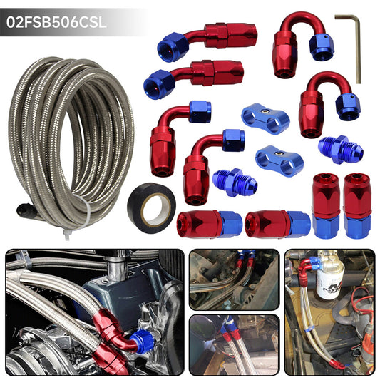 16.4FT 5M AN6 Stainless Steel Braided Fuel Line +10PCS Hose End Fittings Silver