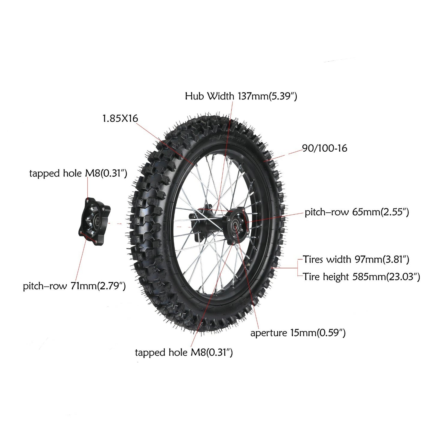 19-inch and 16-inch wheels, 70/100-19 and 90/100-16 tires, rims, dirt pits, bicycle repair, 150cc, 200cc, 250cc...