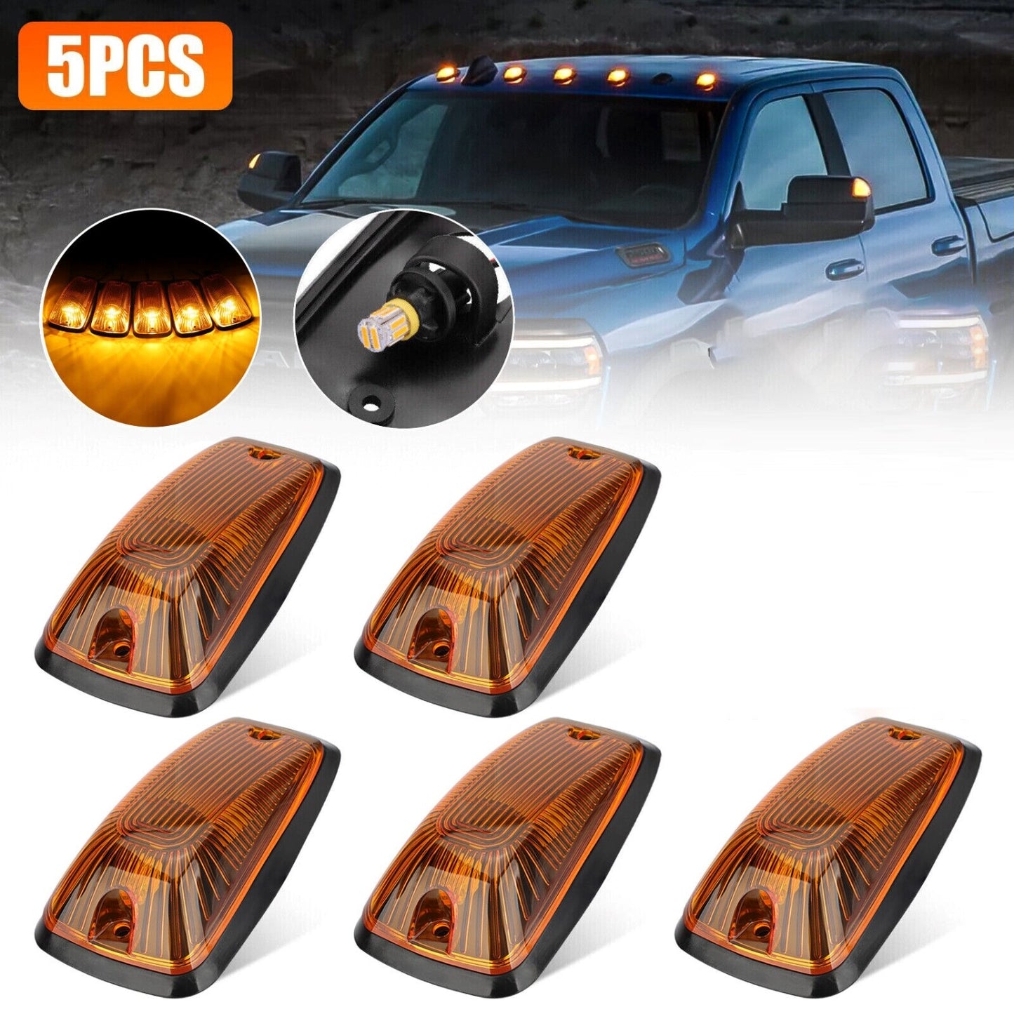 5Pcs Amber LED Cab Marker Roof Lights For 1988-2000 for Chevy / for GMC Pickup Trucks