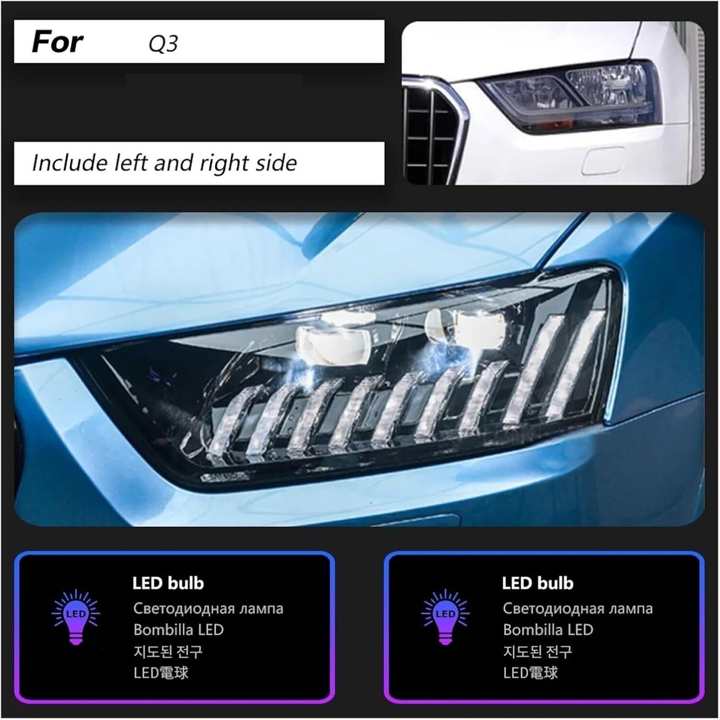 Sequential LED DRL projector headlight assembly for Audi RS models from 2013 to Q3 2018.