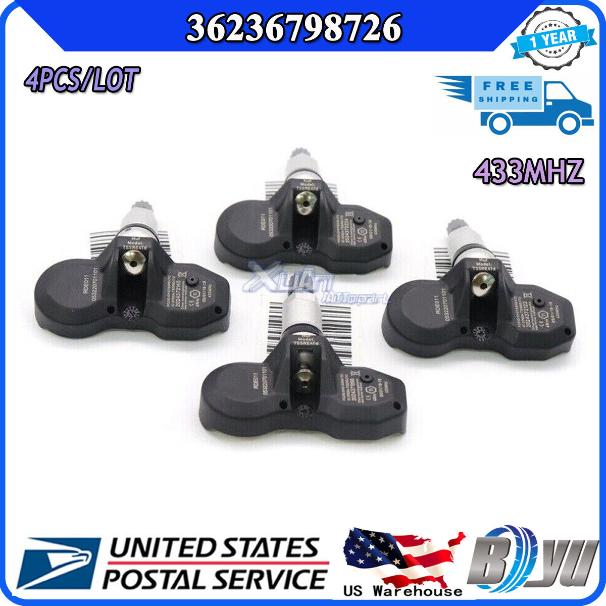 4-pack Tire Pressure Sensors (TPMS) for BMW 328i, 335i, 528i, 550i, 750i, 760Li (model number 36236798726)
