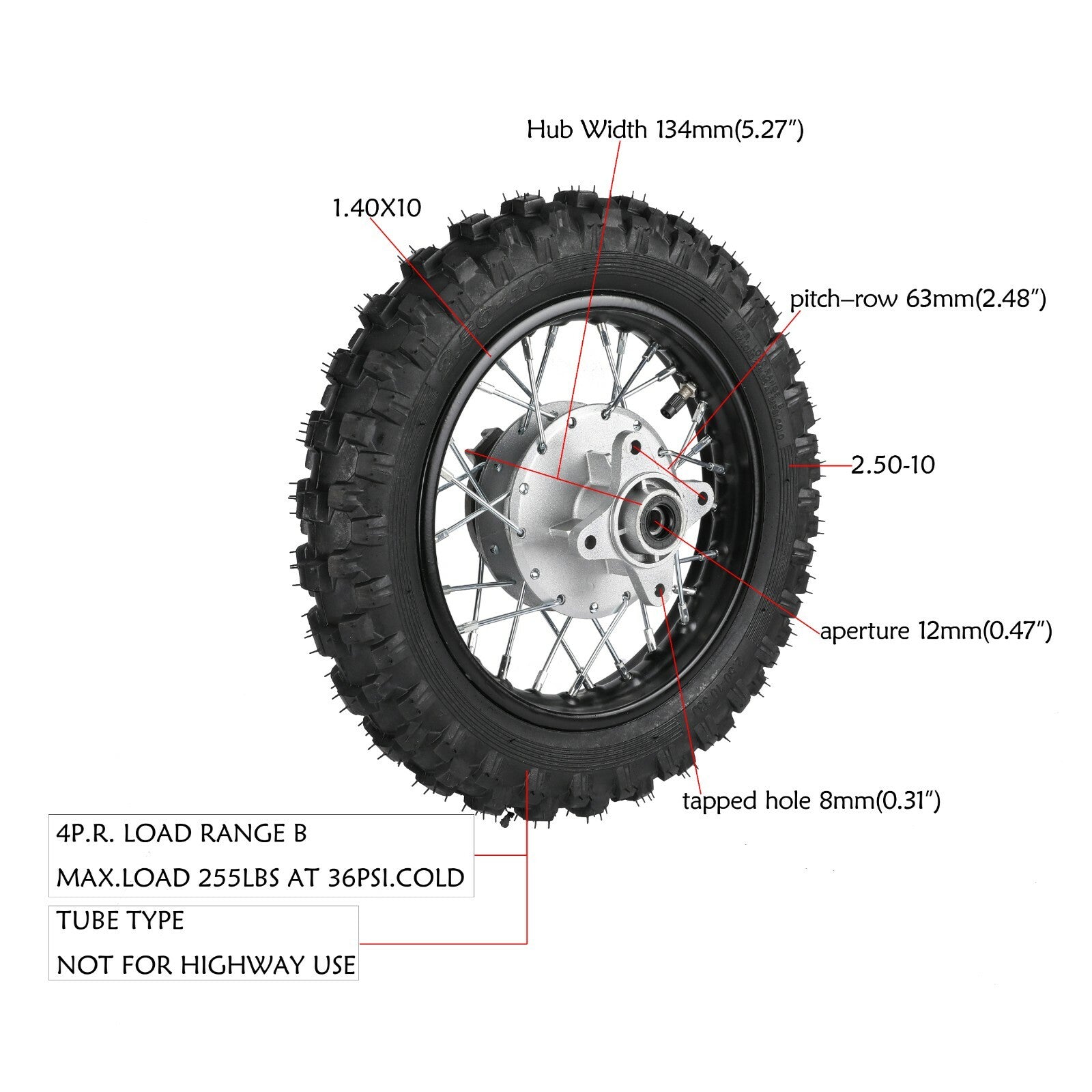 10-inch rear wheel and tire assembly for 50cc, 70cc, and 110cc off-road bikes: CRF DRZ70, PW50, TTR50