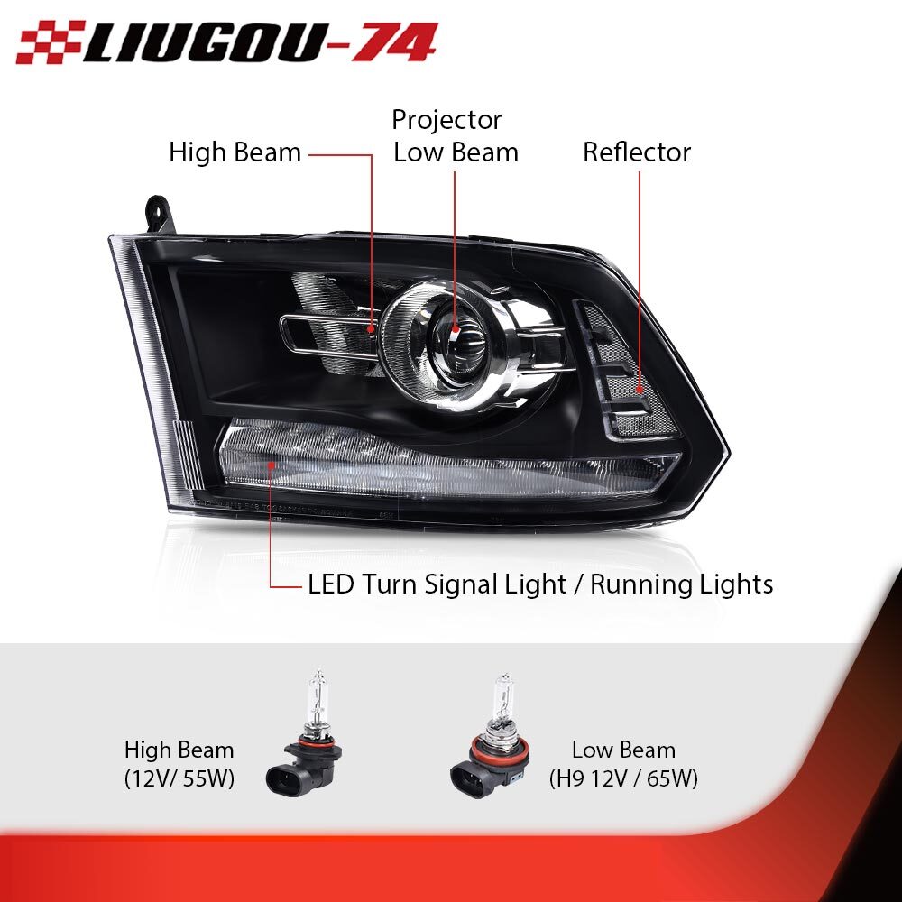 Suitable for 2013-2018 for Dodge for Ram 1500 2500 3500, black headlights with LED DRLs.
